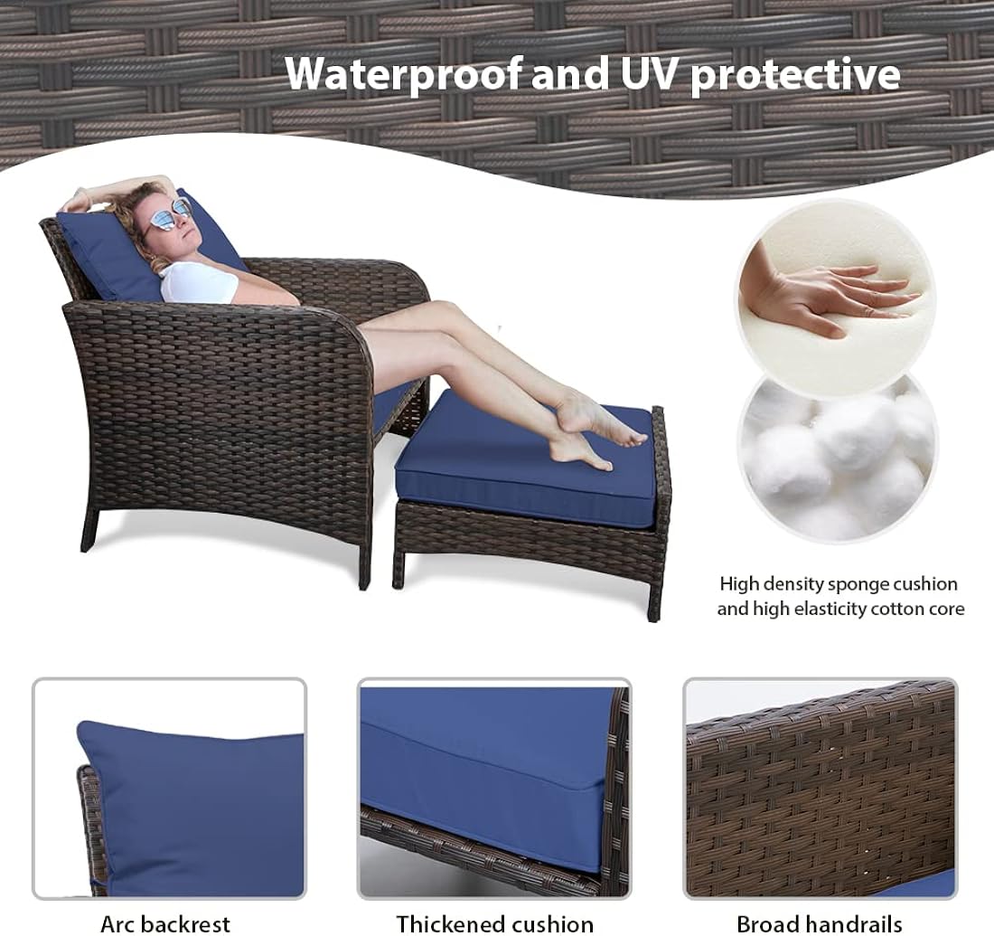 LEVELEVE Balcony Furniture - Juego de 5 piezas para conversación de patio, sillas de mimbre de polietileno para exteriores con cojines suaves, 2 otomanas y mesa de cristal para porche, mimbre marrón