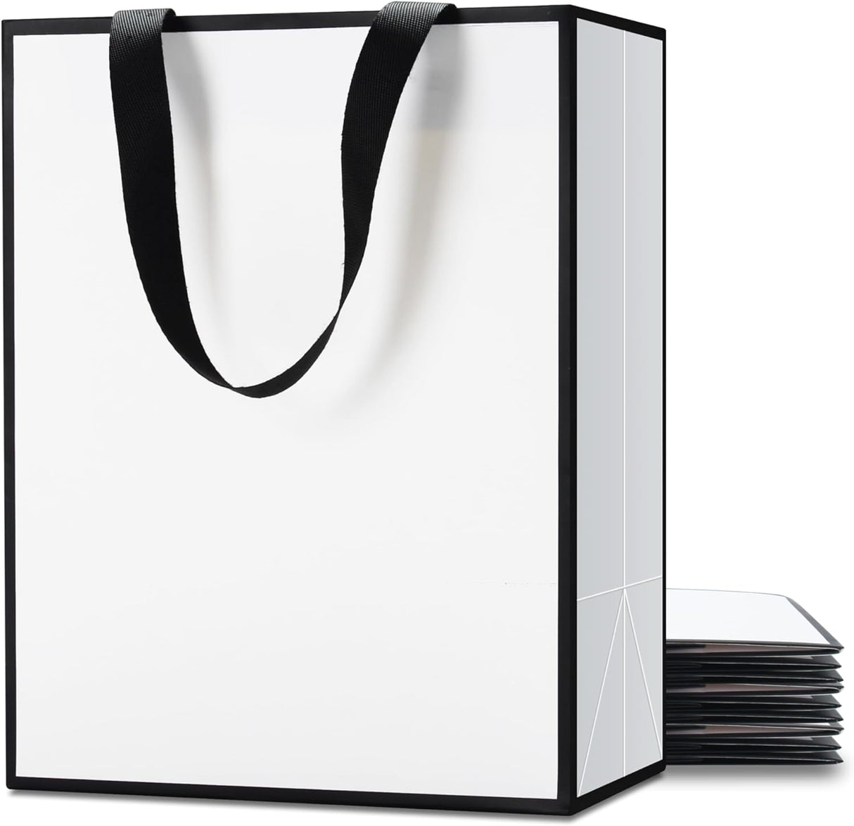 YUEYANG Bolsas de regalo medianas en blanco y negro, paquete de 10 bolsas de regalo de 8 x 4.25 x 10.5 pulgadas con asas de cinta para bodas, cumpleaños, vacaciones, venta al por menor, tienda,