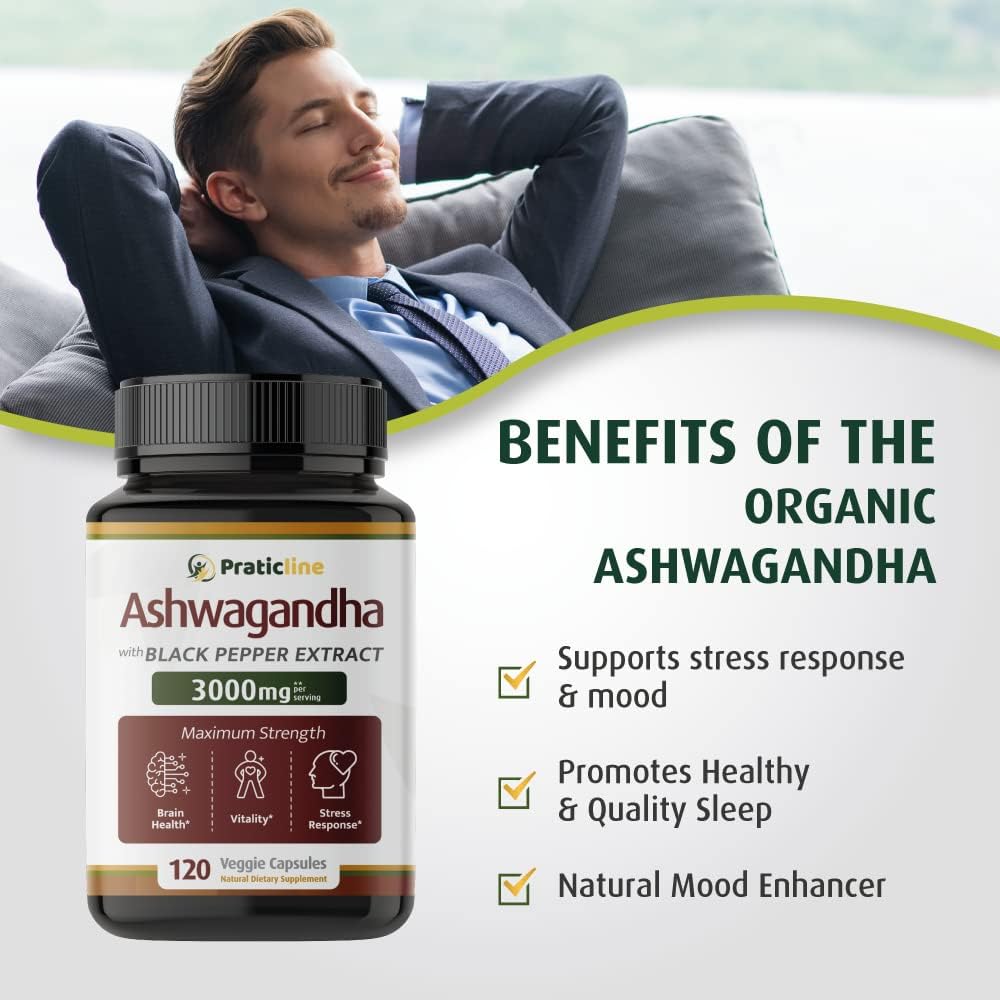 Cápsulas de Ashwagandha 3000 mg - Veganas, Orgánicas, 120 Cap