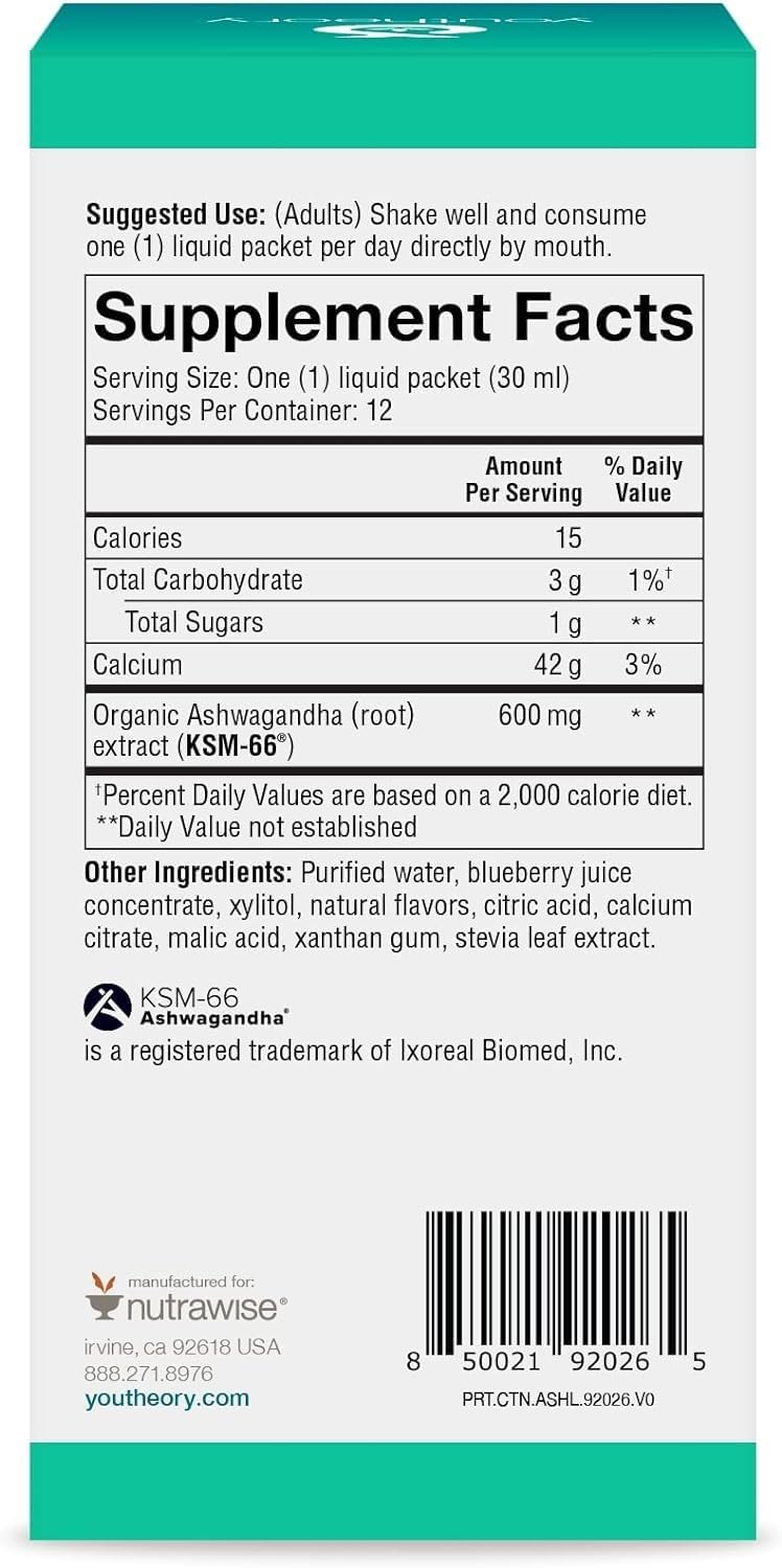 Suplemento Líquido Ashwagandha Youtheory - 12 Sobres Individuales