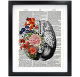 Lámina de cerebro humano sin marco con flores,diseño vintage