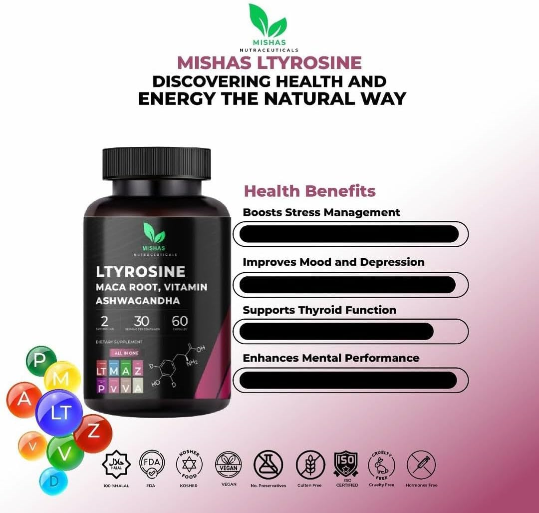 Nutracéuticos L-Tirosina con Maca, Ashwagandha, Vit. 60 caps