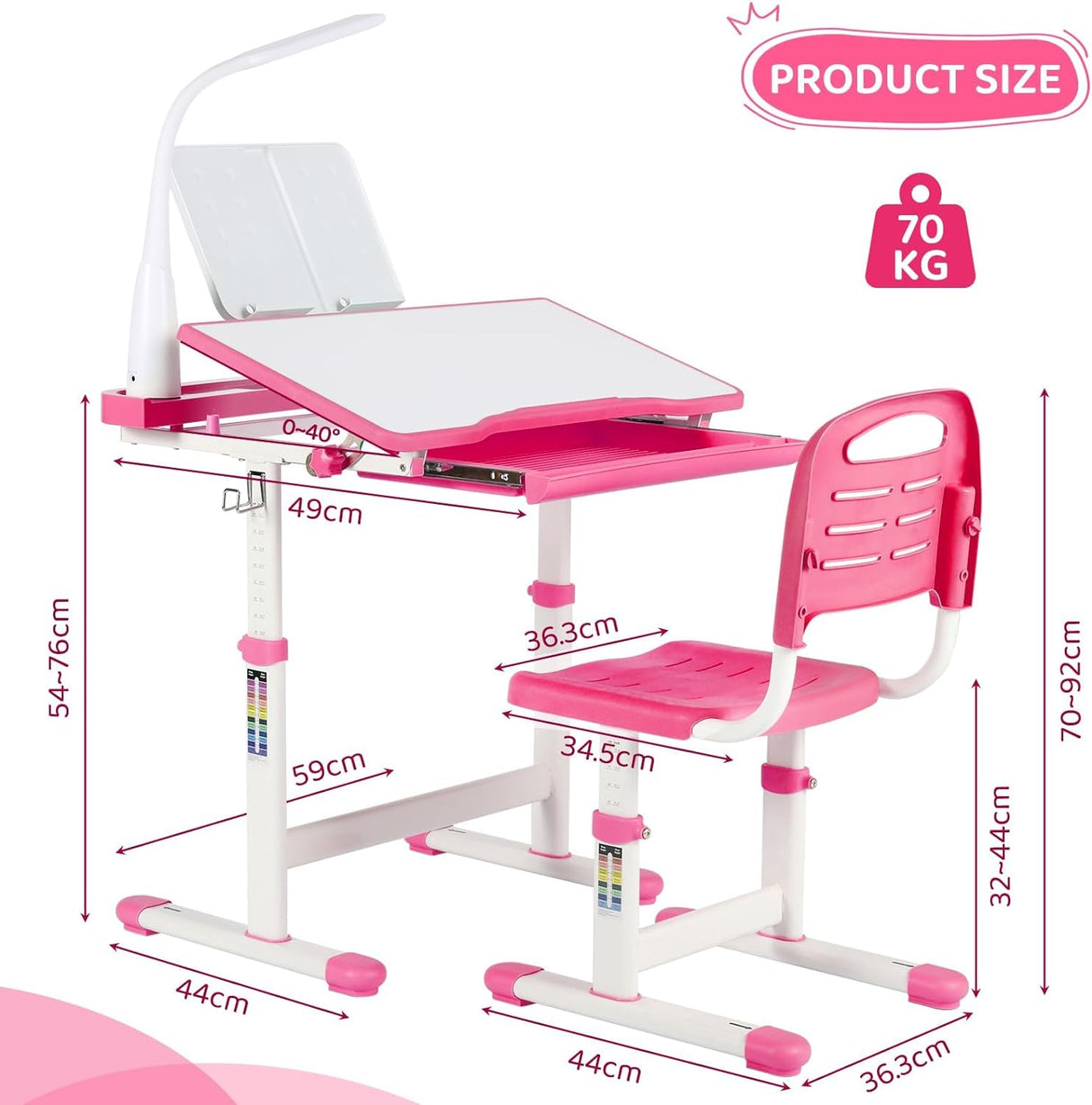 Escritorio y Silla Infantil Ajustables con Luz LED y Cajón