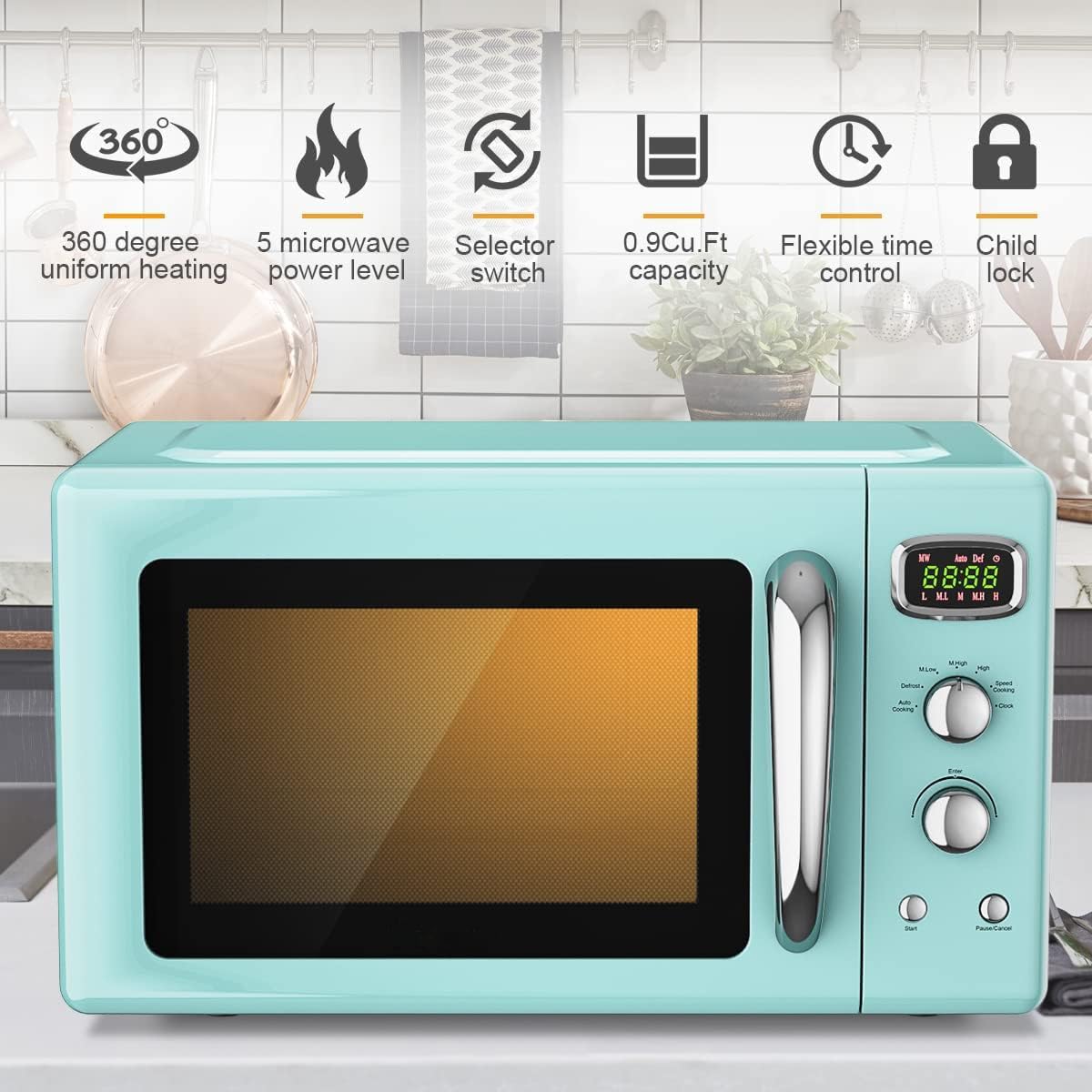 Horno Microondas Compacto 0.9 Cu.ft, 900W, 5 Potencias, 25L