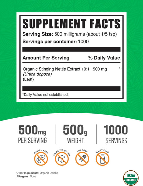 Extracto Orgánico de Ortiga - BulkSupplements, 500mg, 500g