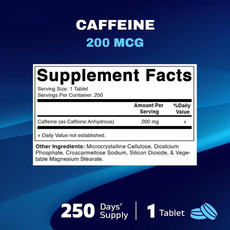 Píldoras de Cafeína Vitamatic 200mg, 250 Tabletas Vegetarianas