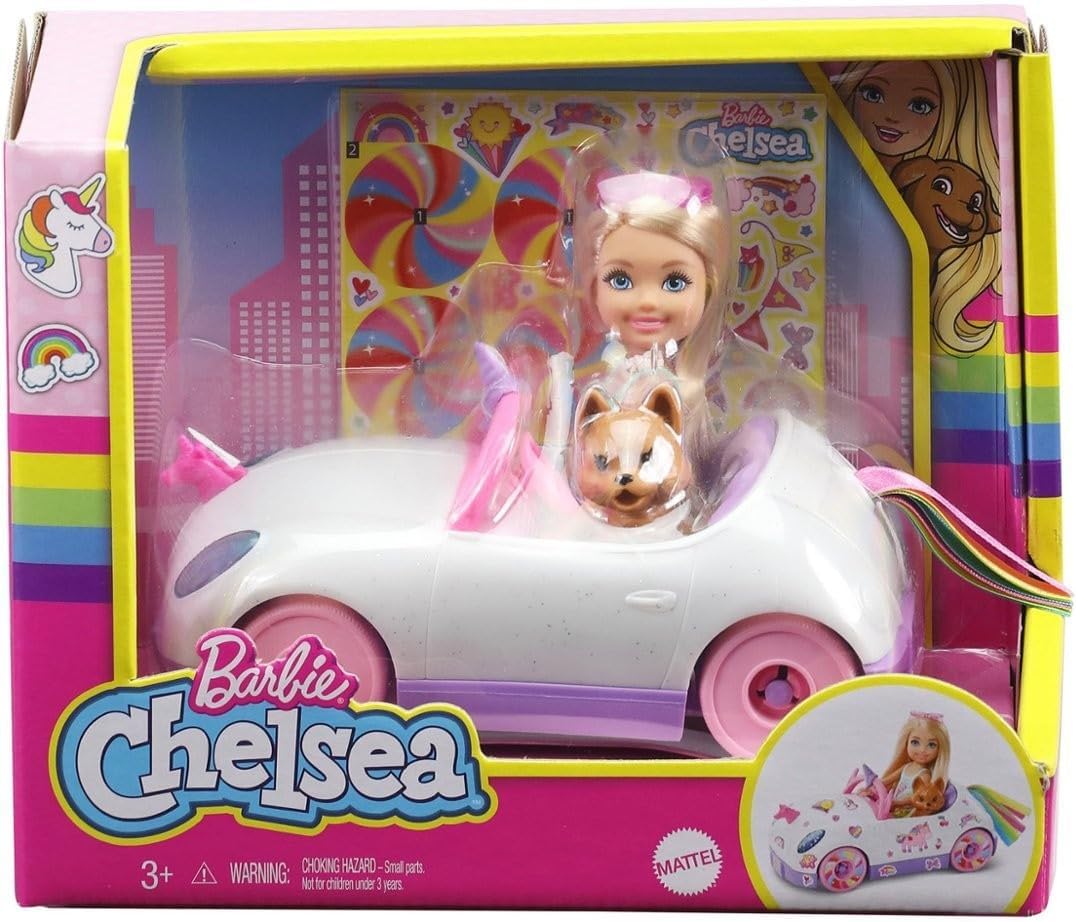Set de coche de Barbie Chelsea con unicornio, muñeca pequeña y accesorios