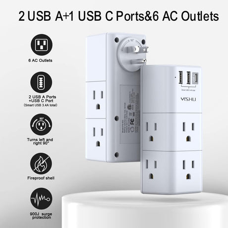 YISHU - Extensor de toma de corriente múltiple USB, .