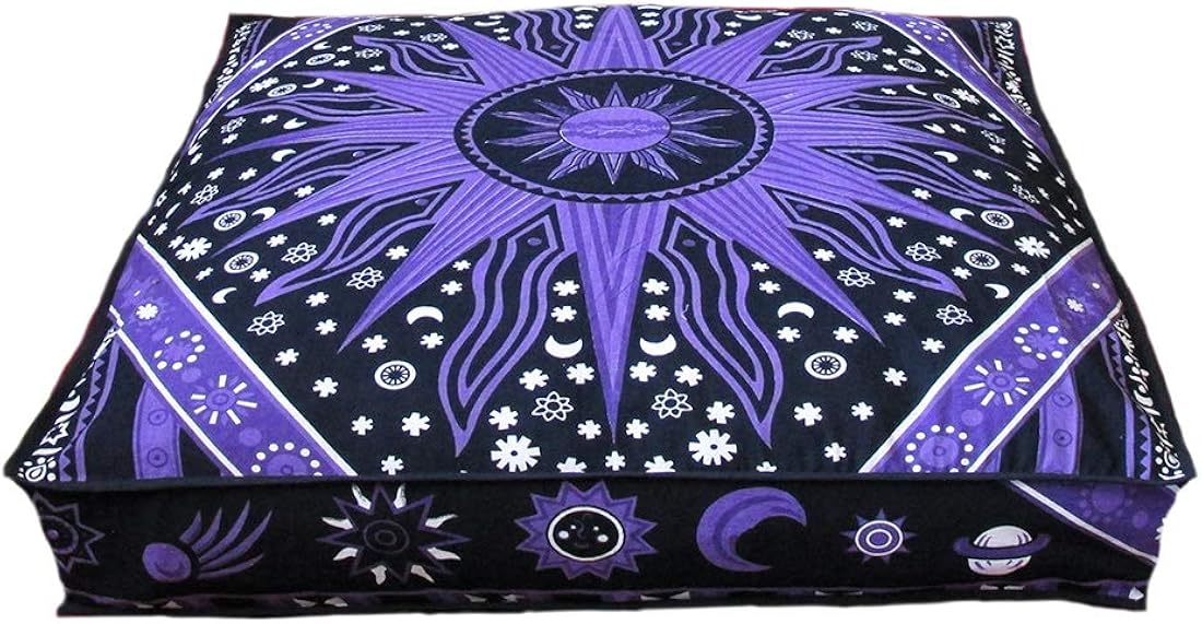 ICC Large Square Floor Pillow Cover Hippie Ottoman Pouf Cover Daybed Cotton Mandala Cushion Cover with Heavy Duty Zipper Seating Ottoman Poufs Dog-Pets Bed (Purple Burning Sun, 35&#34; Square)