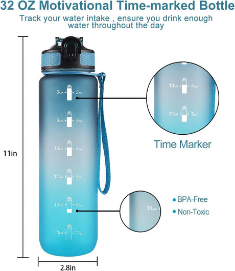 EYQ - Botella de agua con marcador de tiempo, 1 lt, correa para transporte, a prueba de fugas, Tritan sin BPA, para asegurar que bebes suficiente agua al hacer ejercicio, gimnasio, acampar y deportes