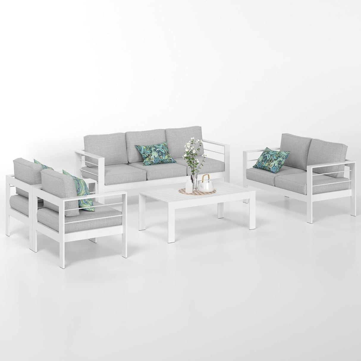 Solaste Juego de muebles de aluminio para patio, 5 piezas, moderno juego de conversación al aire libre, sofá seccional con cojín mejorado y mesa auxiliar, color blanco