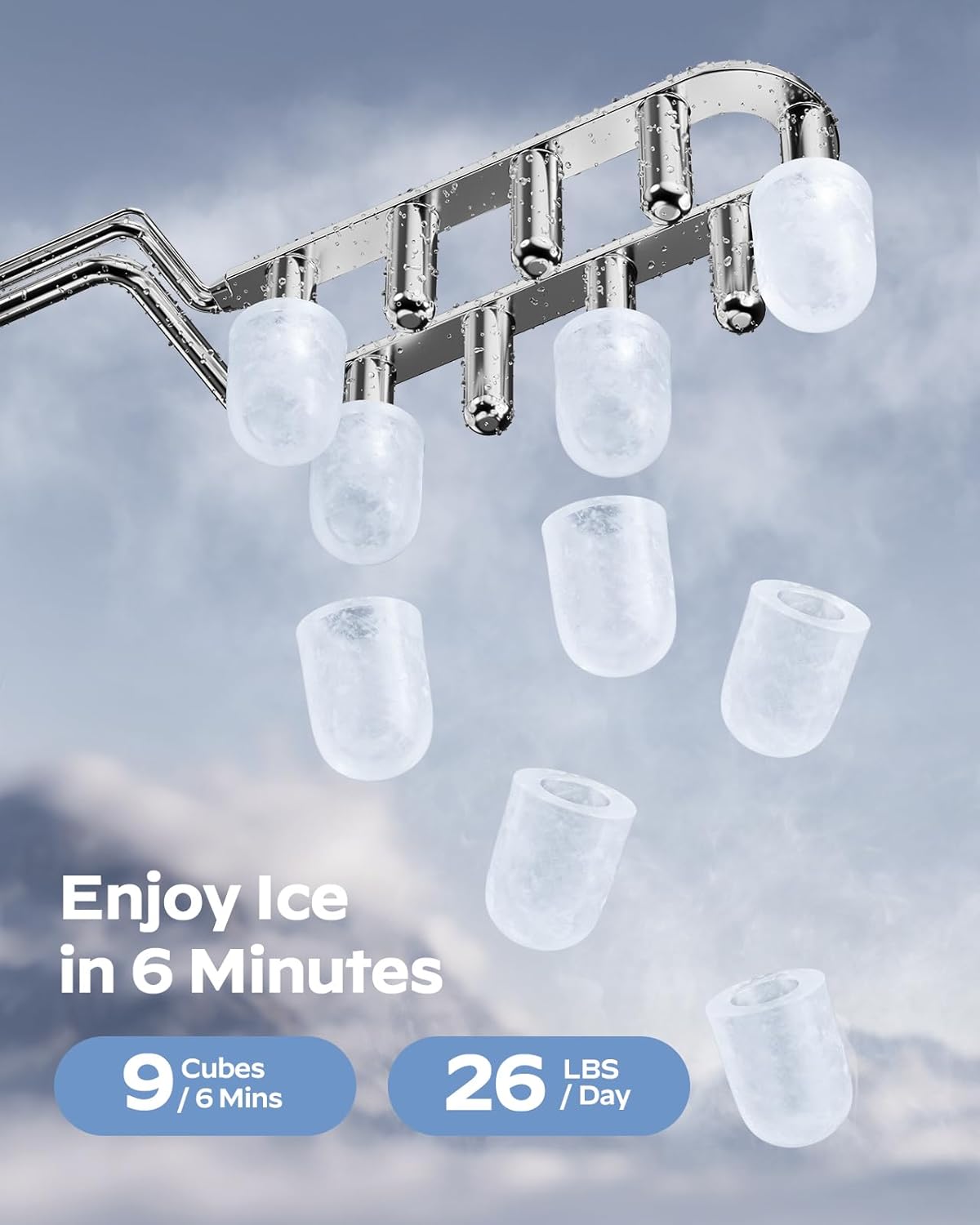 Máquina de Hielo Portátil, 26 lbs/día, 9 Cubos en 6 Min.
