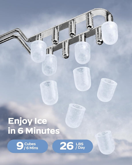 Máquina de Hielo Portátil, 26 lbs/día, 9 Cubos en 6 Min.