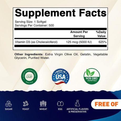 Vitamatic Vitamina D3 5000 IU 125mcg, 500 cápsulas