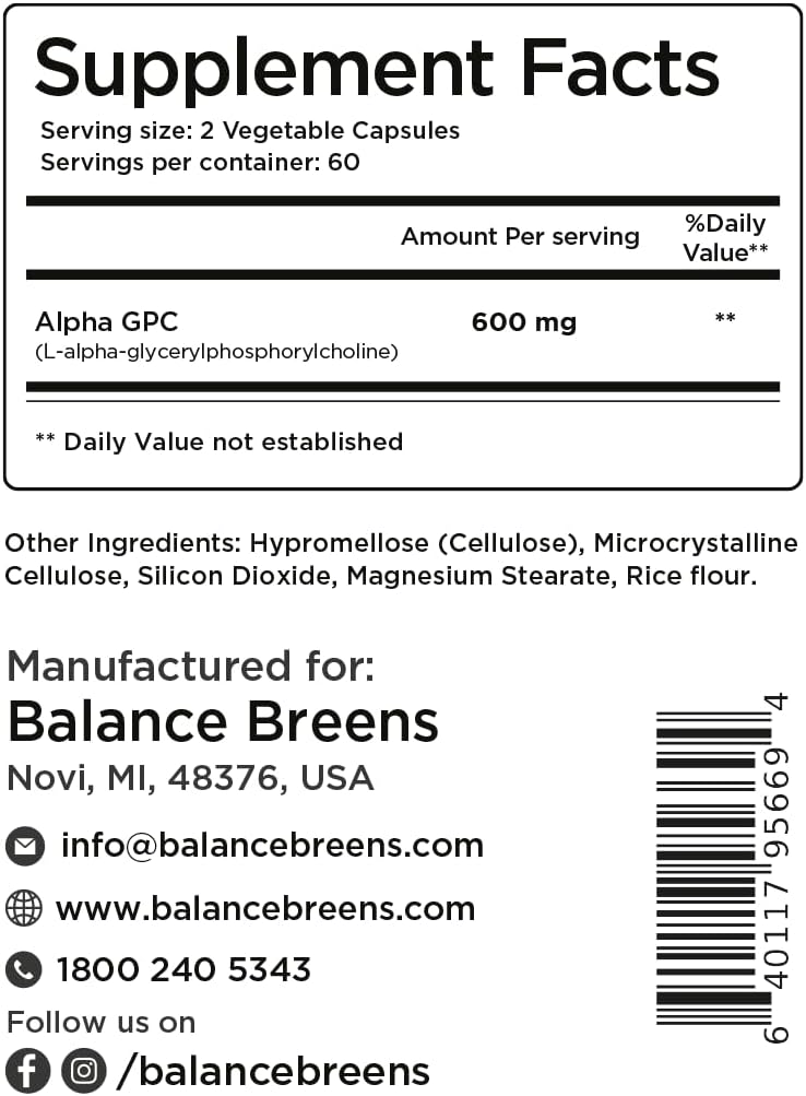 Suplemento de Colina Alpha GPC 600mg - Fórmula Avanzada de Memoria