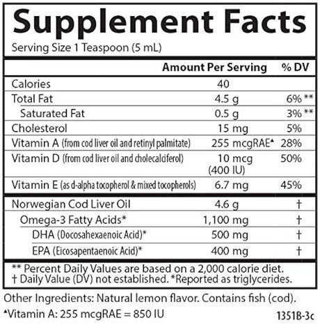 Carlson Aceite de hígado de bacalao, limón, 1.100 mg Omega3