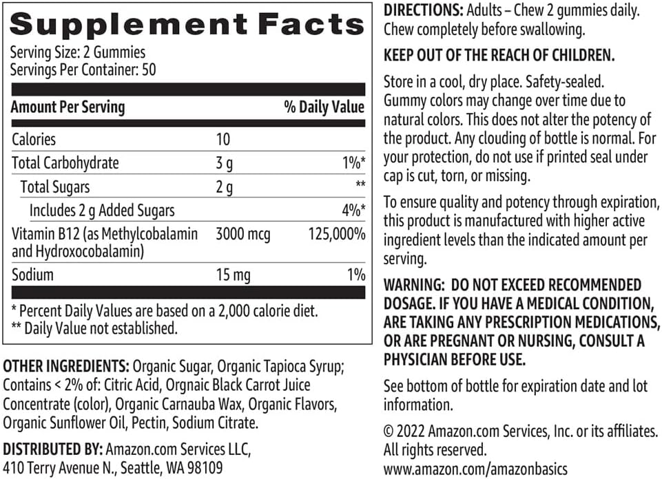 Gomitas de Vitamina B12 3000 mcg Amazon Basics, 100 Conteos