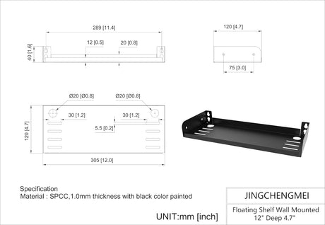 Estante flotante metálico JINGCHENGMEI 12, 4.7 profundo
