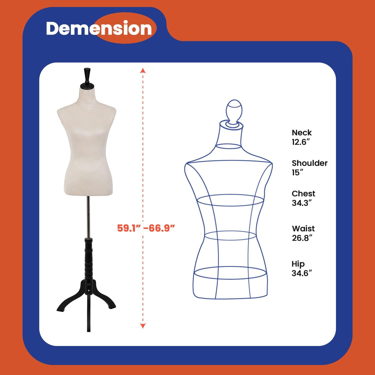 Maniquí femenino ajustable 53-67 con base de madera
