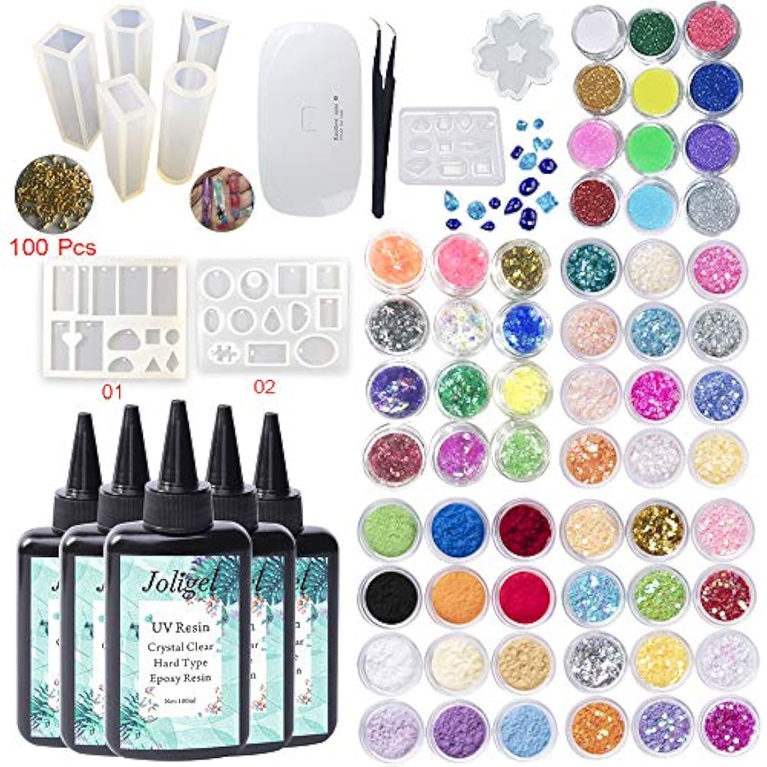 Cristal transparente UV Epoxy resina dura 500 ml 9 moldes para hacer joyas colgantes pendientes collares + portátil UV Máquina + 60 decoraciones holográfica Glitter Sparkles Nacre Shells para resina manualidades Relleno