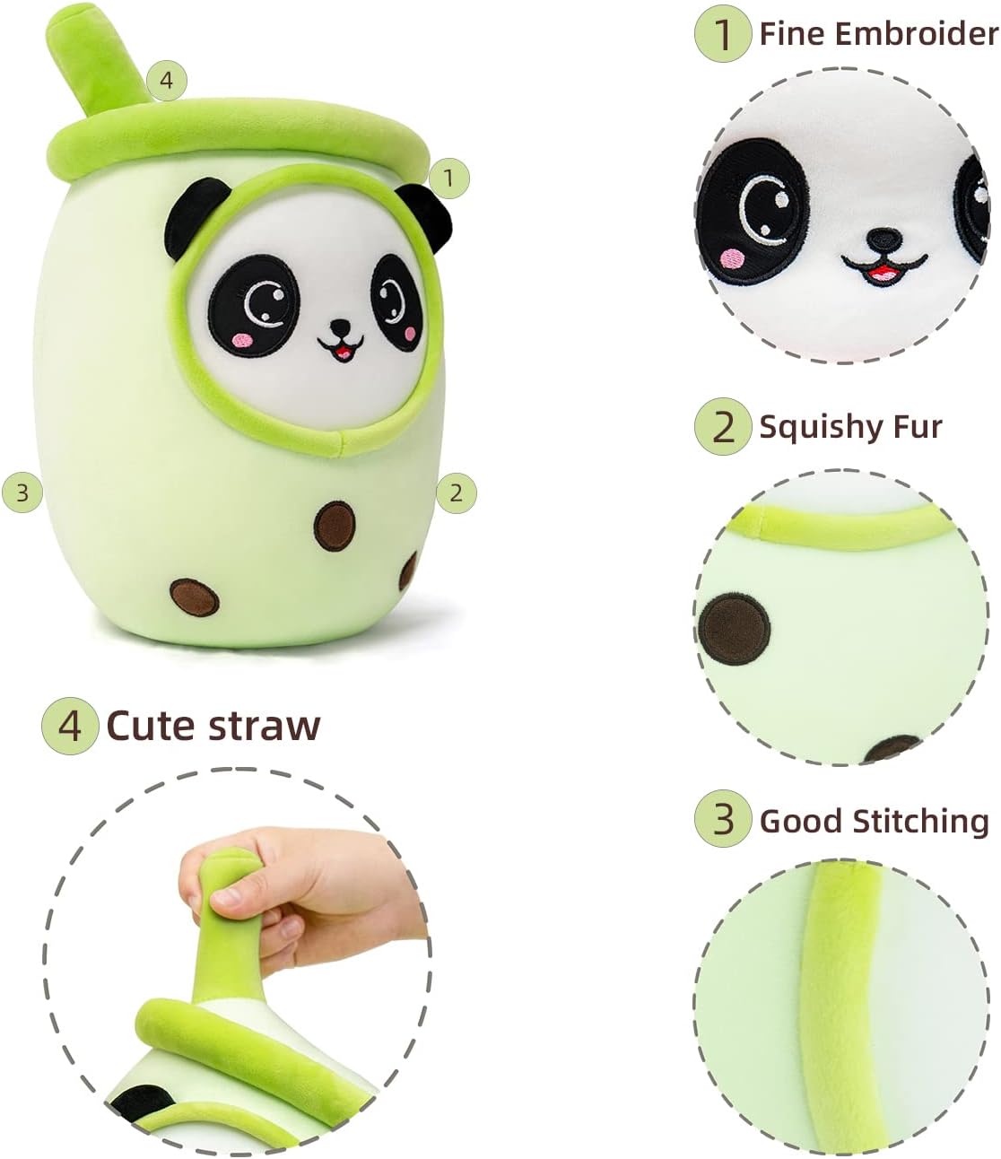 Peluche Boba con cara de panda color crema verde con pajita