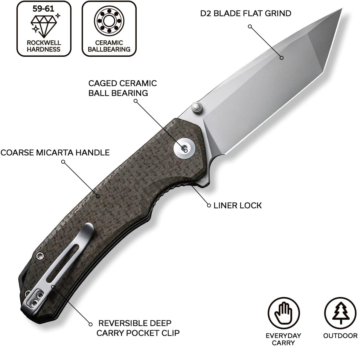 Cuchillo de bolsillo plegable 3.5, hoja Tanto D2, Micarta