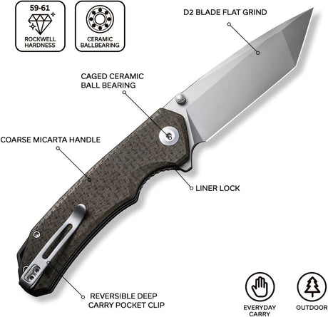 Cuchillo de bolsillo plegable 3.5, hoja Tanto D2, Micarta