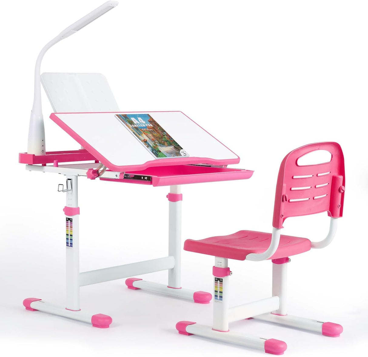 Escritorio y Silla Infantil Ajustables con Luz LED y Cajón