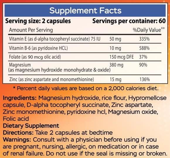 Suplemento Magnesio, zinc y vitaminas B6, B9, ácido fólico