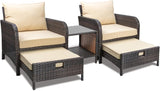 LEVELEVE Balcony Furniture - Juego de 5 piezas para conversación de patio, sillas de mimbre de polietileno para exteriores con cojines suaves, 2 otomanas y mesa de cristal para porche, mimbre marrón