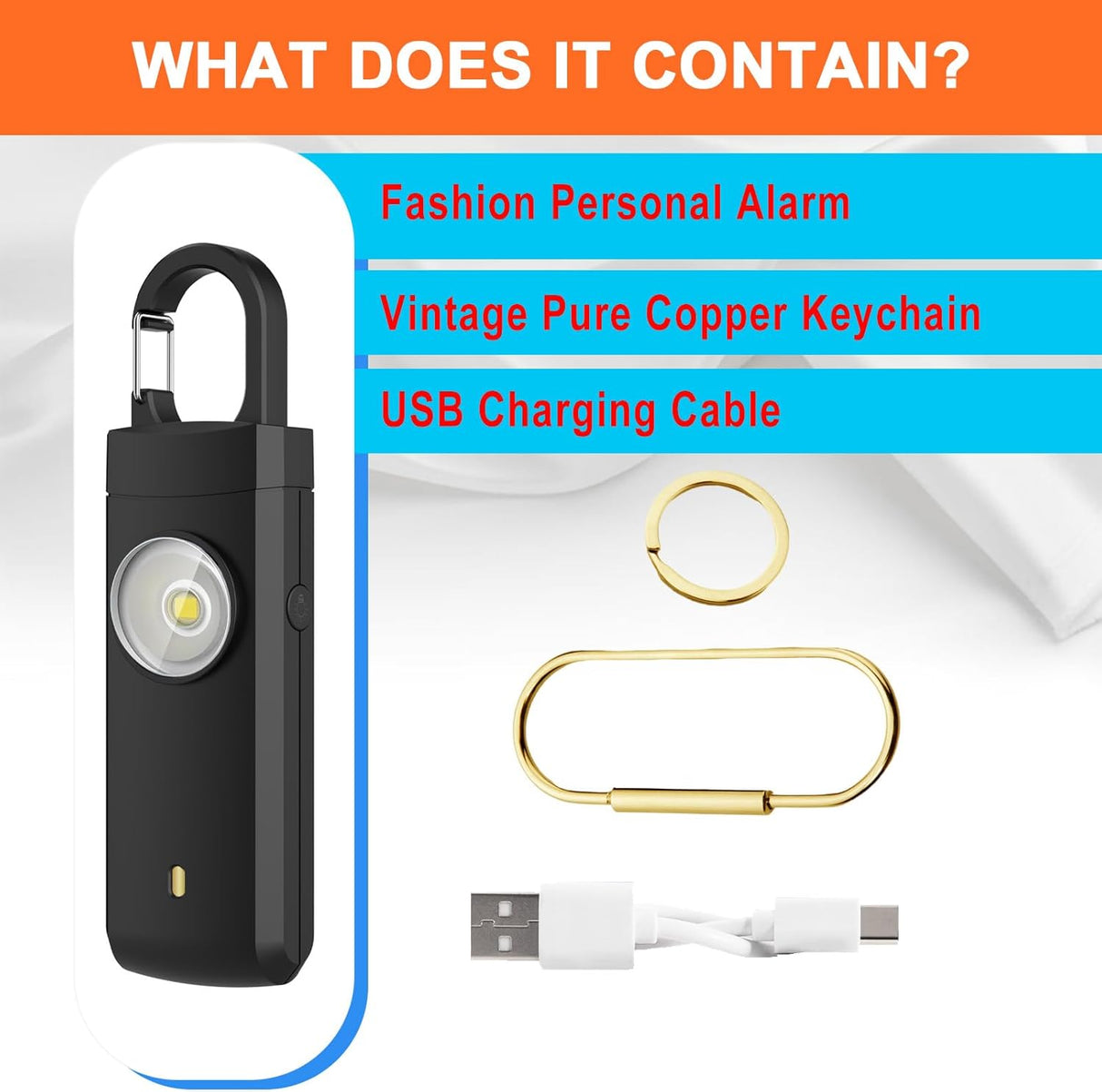 Self Defense USB Alarm, 130 dB Siren, LED Strobe, Keychain
