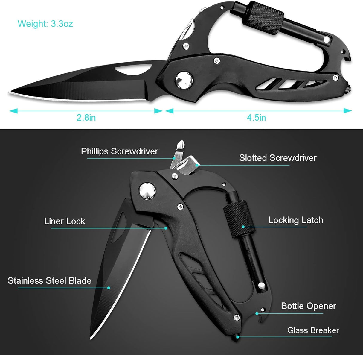 Mosquetón multiherramienta con cuchillo de bolsillo plegable