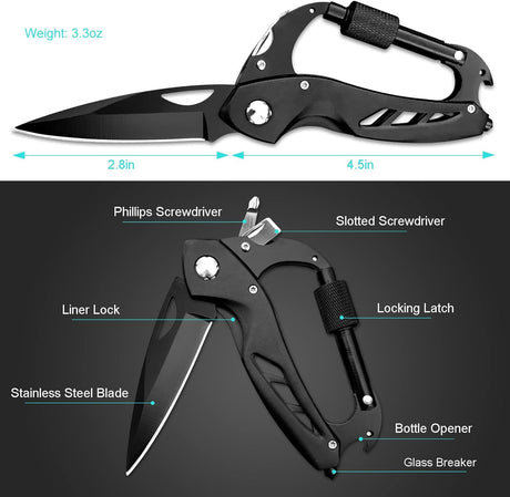Mosquetón multiherramienta con cuchillo de bolsillo plegable