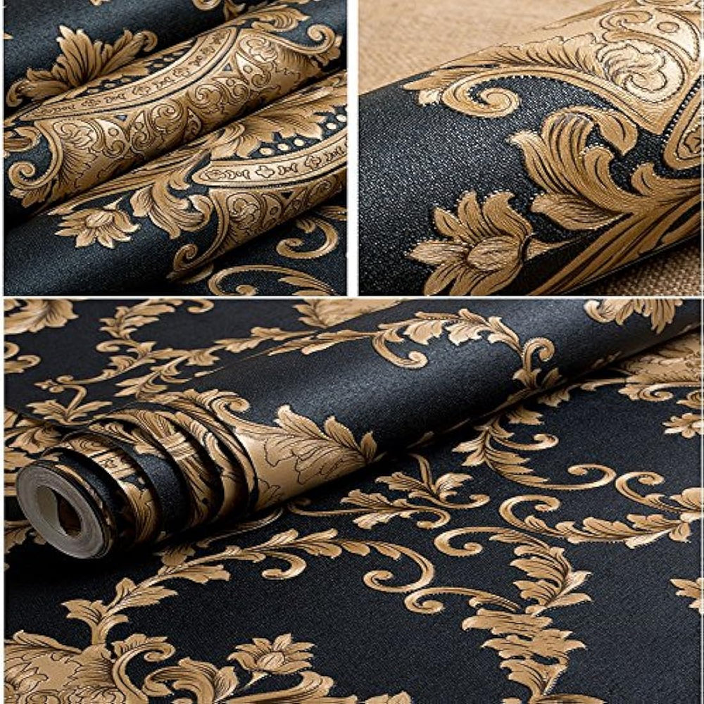 Papel vinilo estilo Damasco negro(1.7 ft x 32.8 ft)
