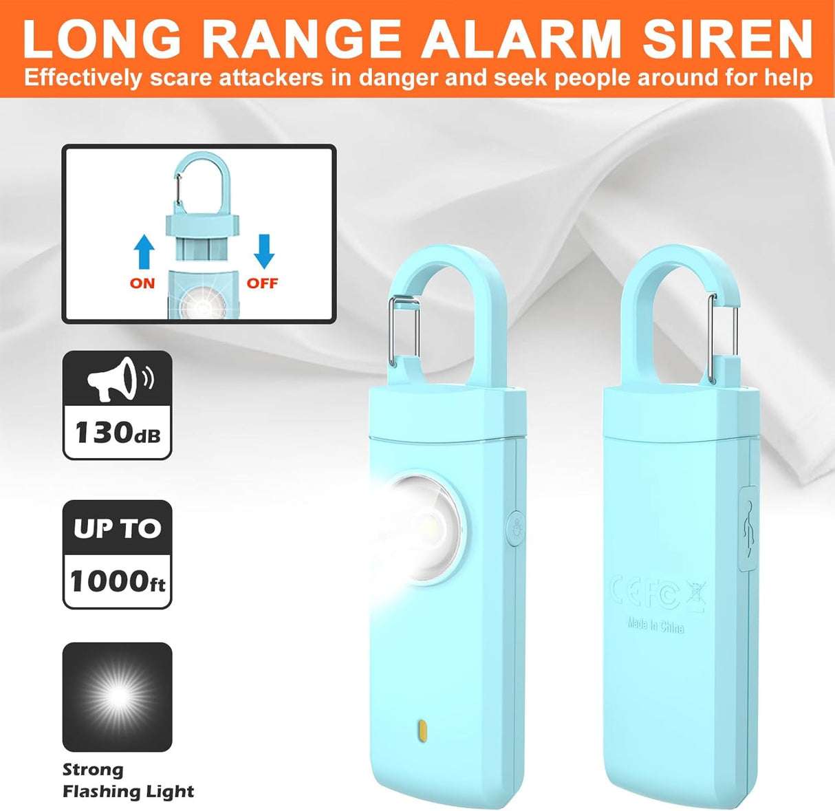 Self Defense USB Alarm, 130 dB Siren, LED Strobe, Keychain
