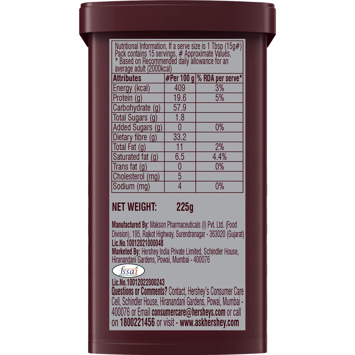 Cacao en polvo Hershey's, 225g, ideal para repostería y postres