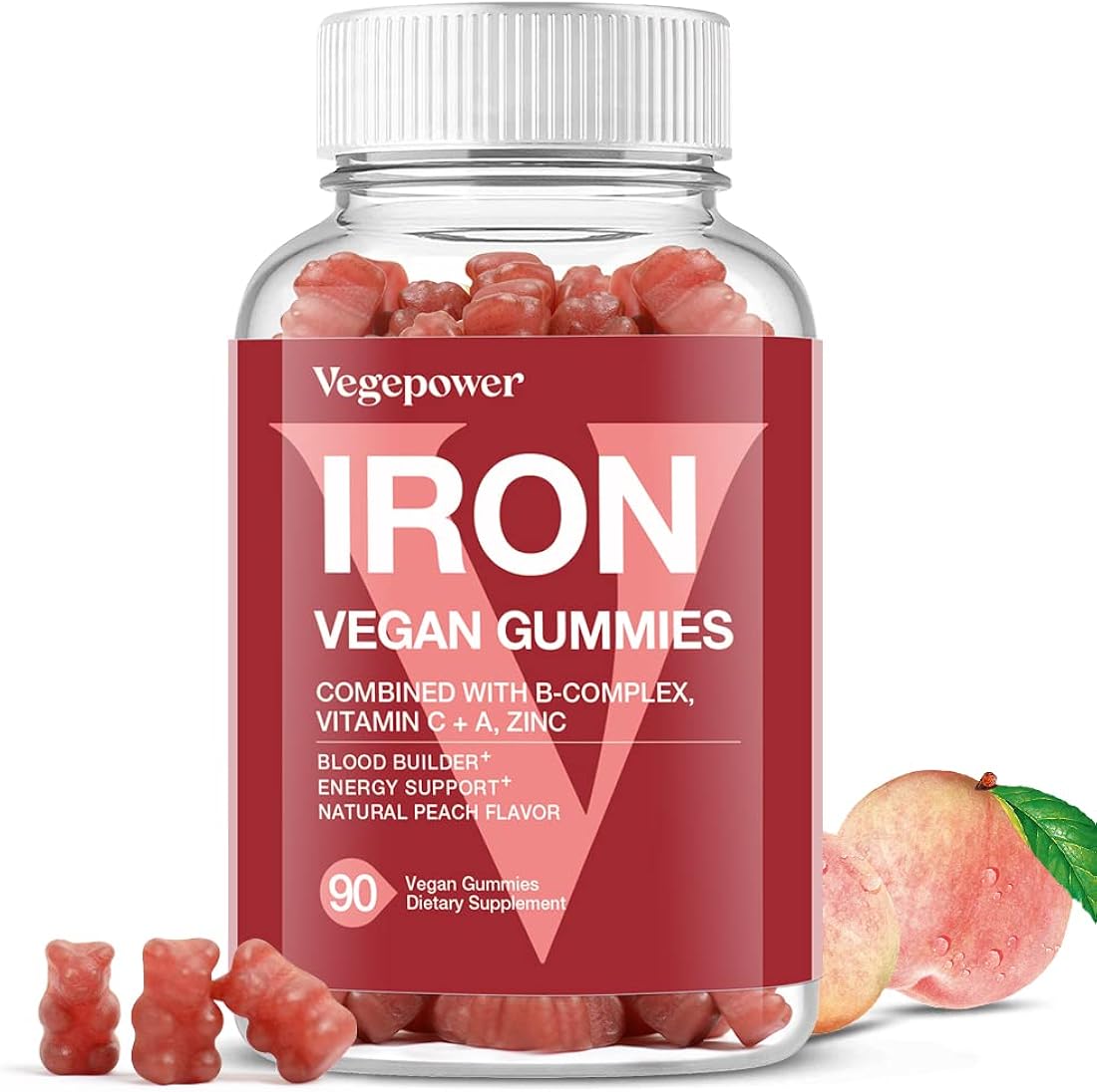 Suplemento de gomitas de hierro veganas, con vitamina C, A