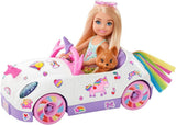 Set de coche de Barbie Chelsea con unicornio, muñeca pequeña y accesorios