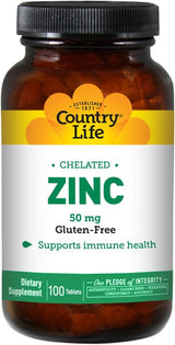 Country Life Zinc Quelado 50 mg - Vegano, Sin Gluten, 100 Comprimidos