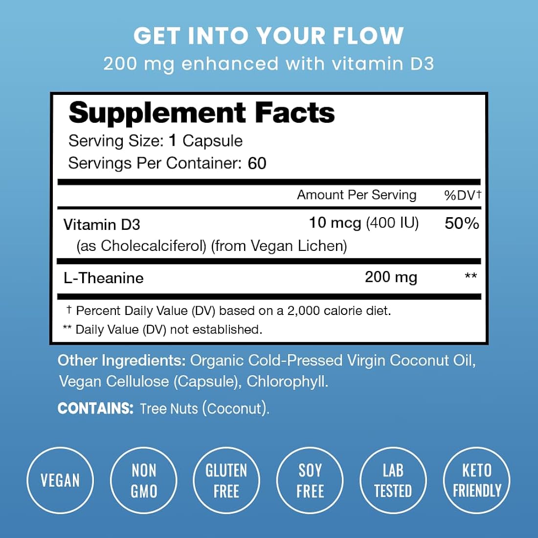 Suplemento Cápsulas de L-teanina de 200 mg  con vitamina D3