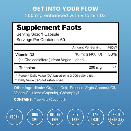 Suplemento Cápsulas de L-teanina de 200 mg  con vitamina D3