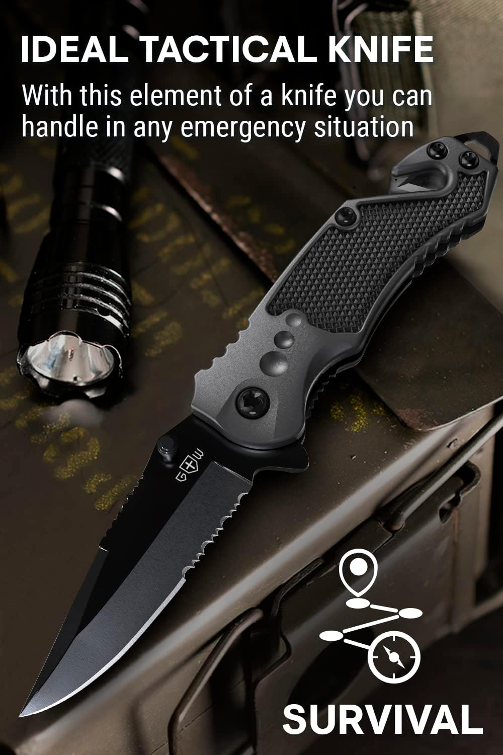 Cuchillo de bolsillo de hoja dentada plegable negro