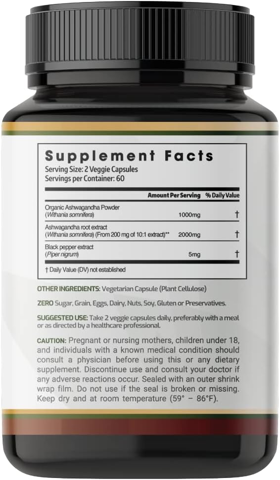 Cápsulas de Ashwagandha 3000 mg - Veganas, Orgánicas, 120 Cap