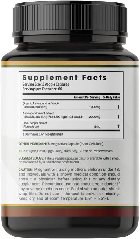 Cápsulas de Ashwagandha 3000 mg - Veganas, Orgánicas, 120 Cap
