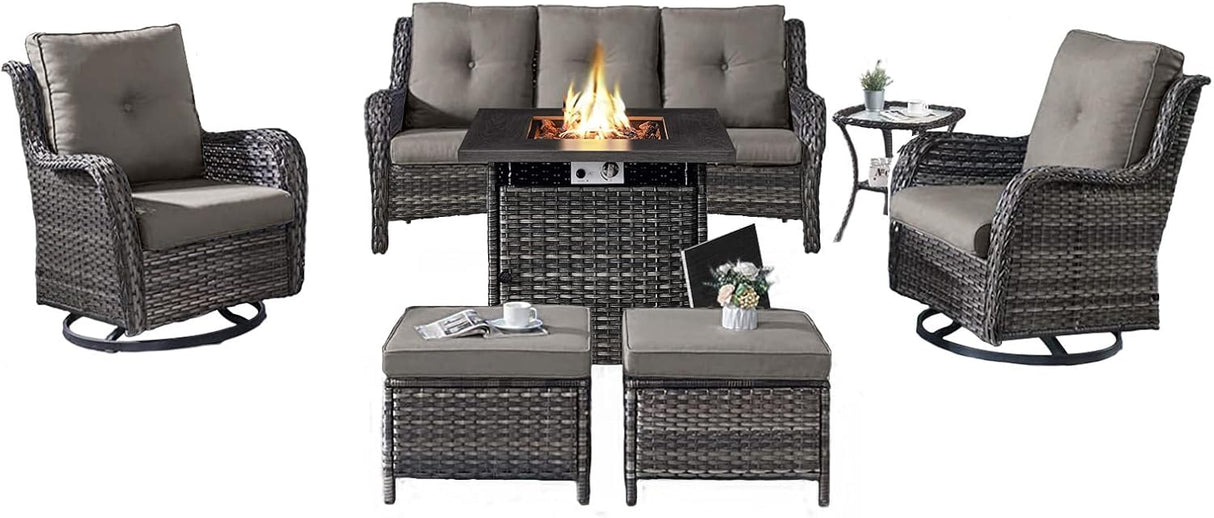 Belord Juego de muebles de patio al aire libre con mesa para fogata de propano, juego de conversación de mimbre de 7 piezas con 2 sillas giratorias mecedoras deslizantes, sofá de ratán, cojín gris,