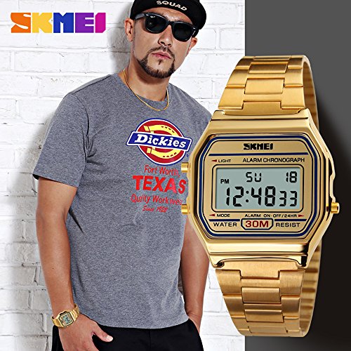 Reloj digital de acero inoxidable dorado para hombres