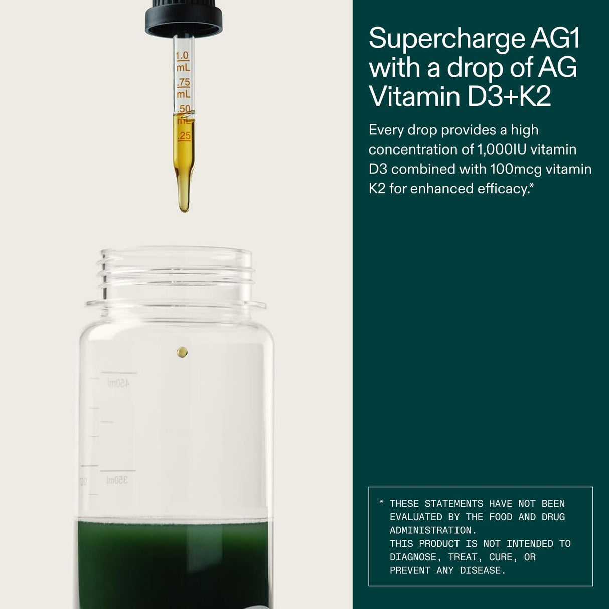 AG1 Vitamin D3 K2 gotas, 1000IU D3 y 100mcg K2, soporte óseo