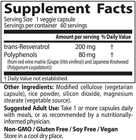 Suplemento Trans-resveratrol con resvinol sin OMG vegano 60u