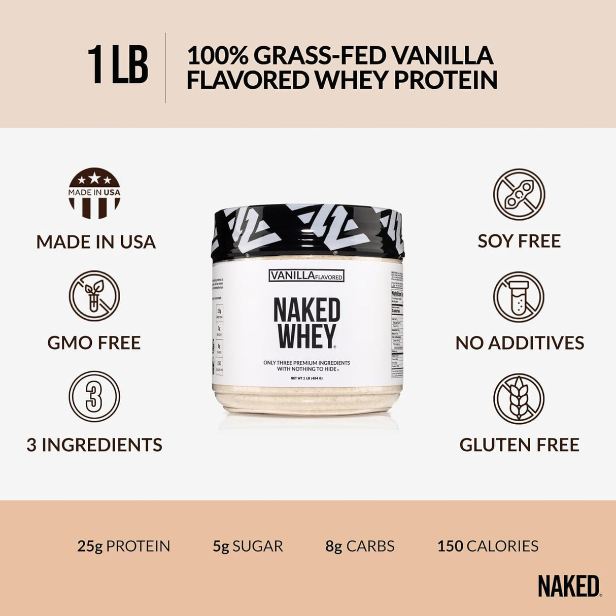 Proteína de Suero Naked Vanilla 1Lb, 3 Ingredientes Naturales