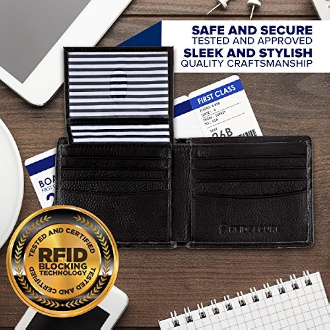 Cartera de piel auténtica con bloqueo RFID para hombres